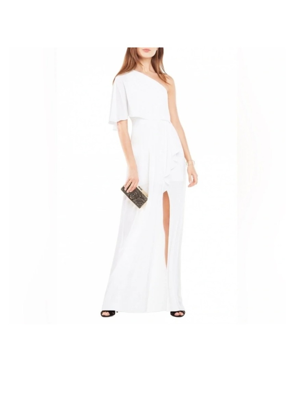 BCBGMaxAzria One-Shoulder White Maxi Gown with Front Slit size 4